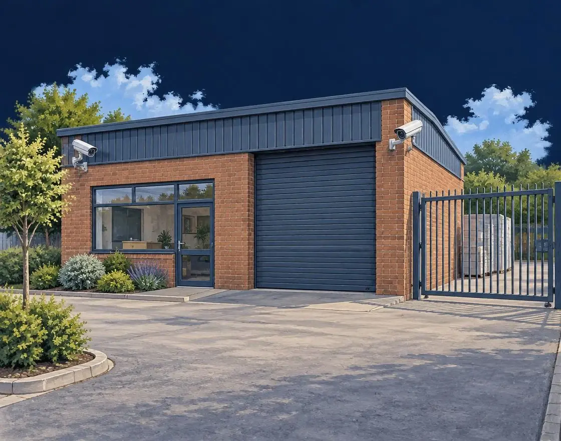 Illustration of a business unit with CCTV cameras covering the roller shutter and gated yard