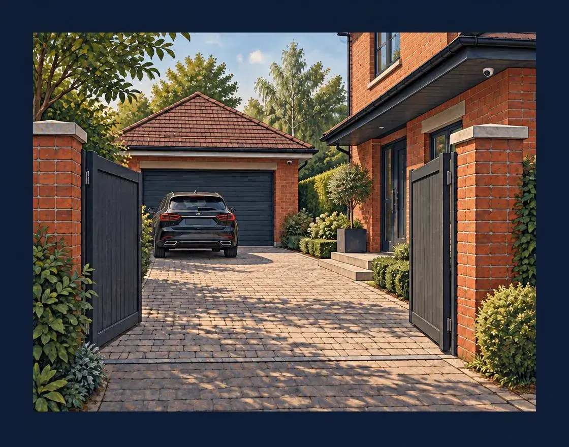 Painted illustration of a gated Surrey driveway with discreet turret cameras under the eaves