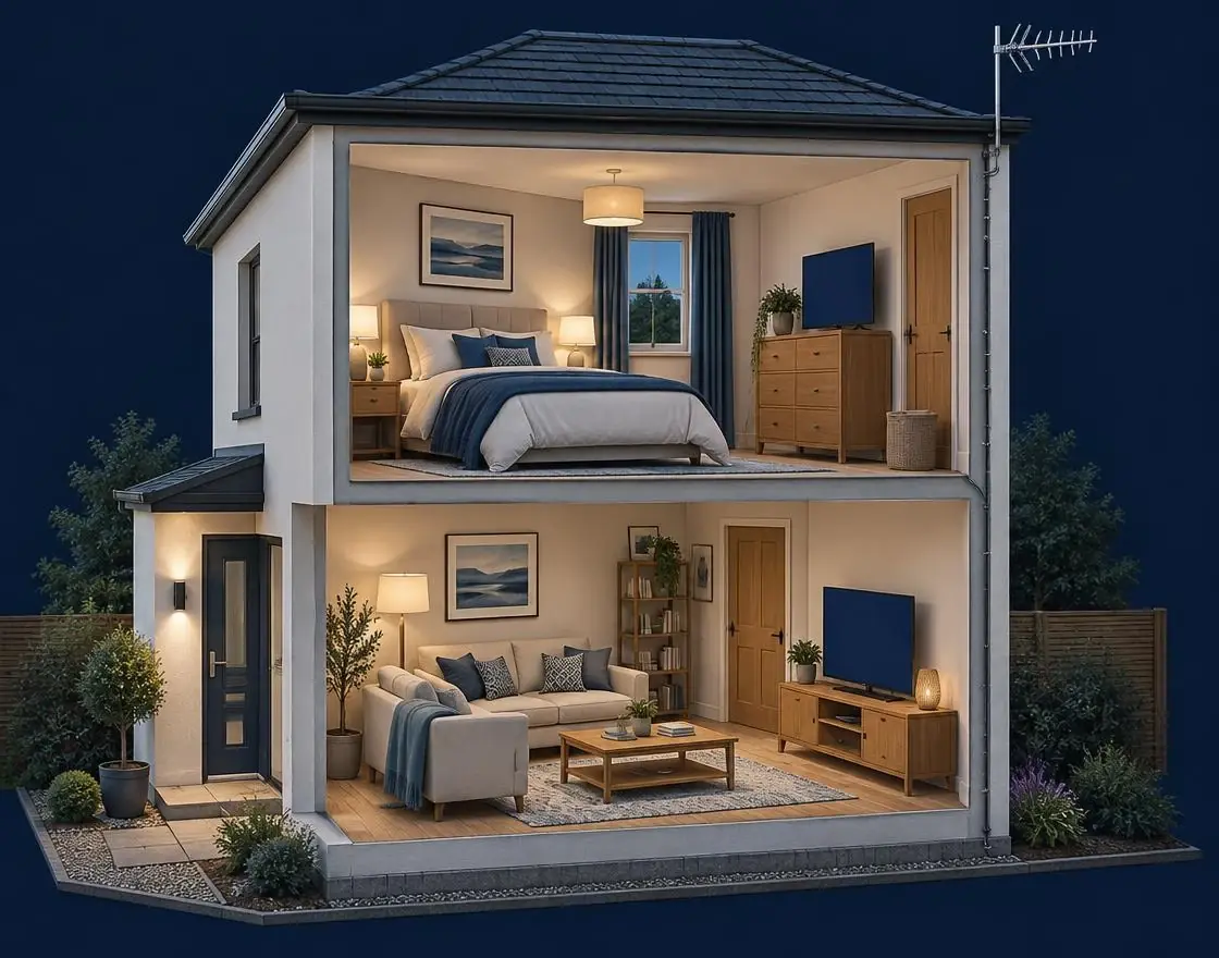 Cutaway illustration of a two-storey house with a roof aerial and TVs in the lounge and bedroom