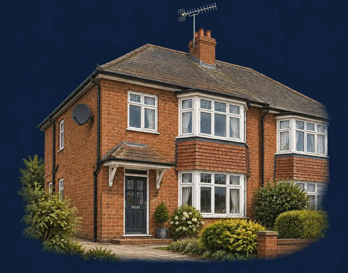 Illustration of a Surrey brick home with a chimney-mounted TV aerial and a satellite dish