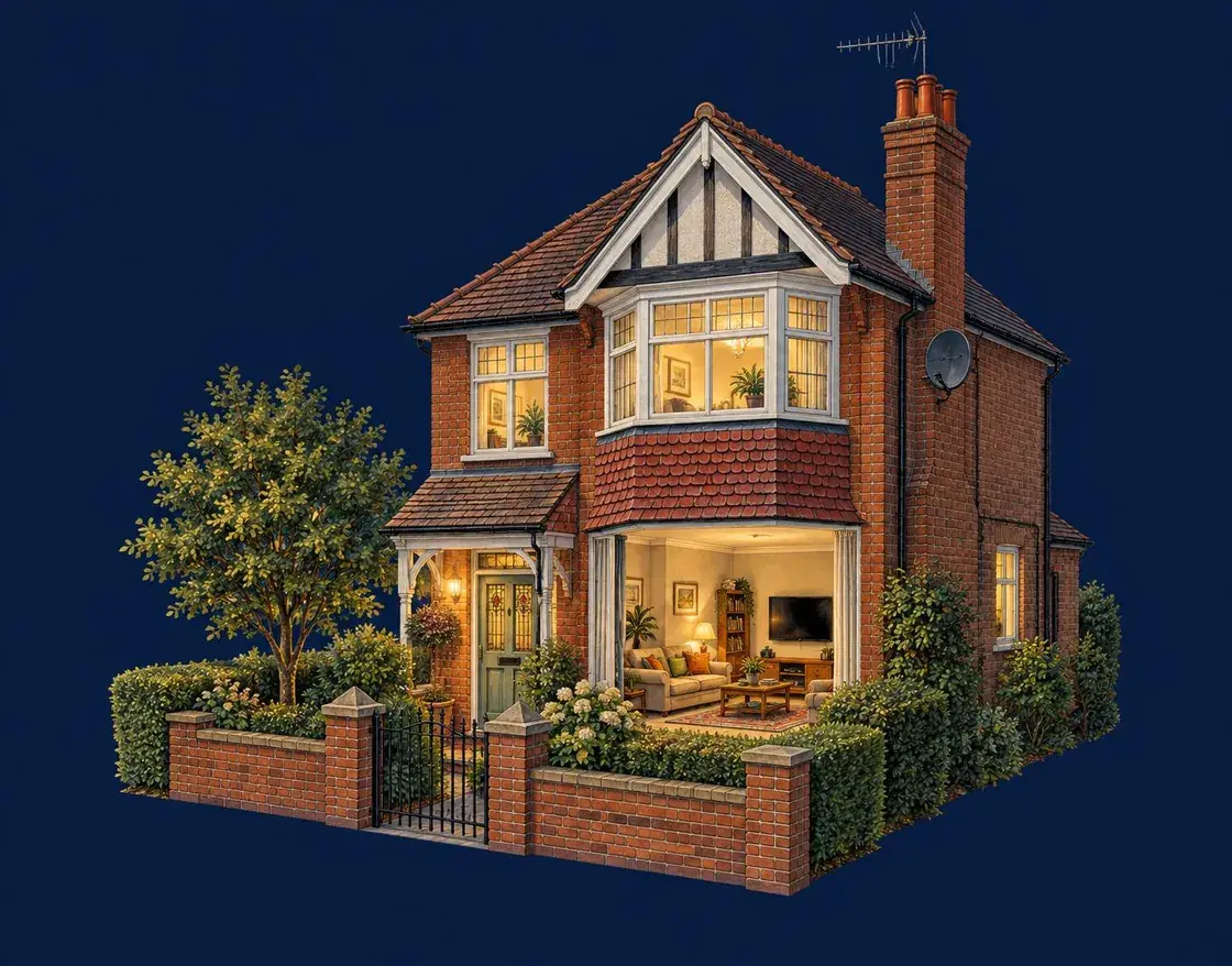 Illustrated Surrey house with a TV aerial on the chimney, a satellite dish and a wall-mounted TV inside