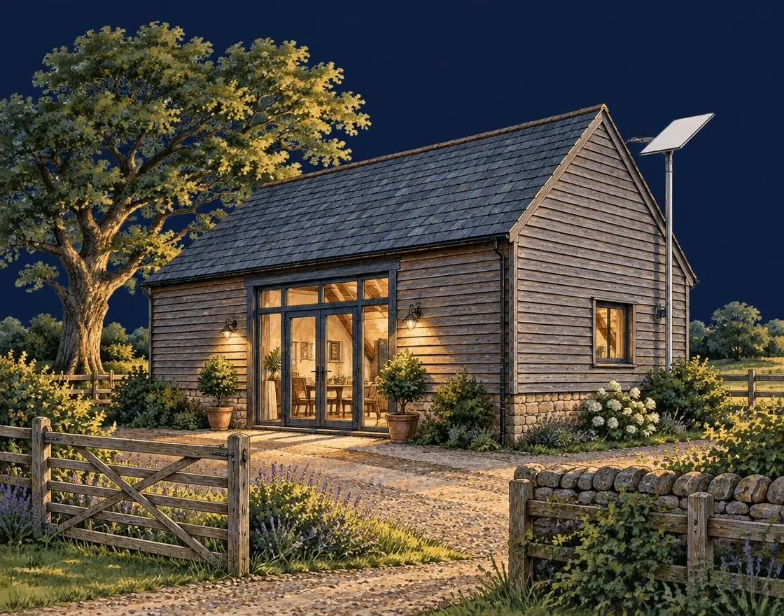 Painted illustration of a rural barn with a flat rectangular satellite broadband dish