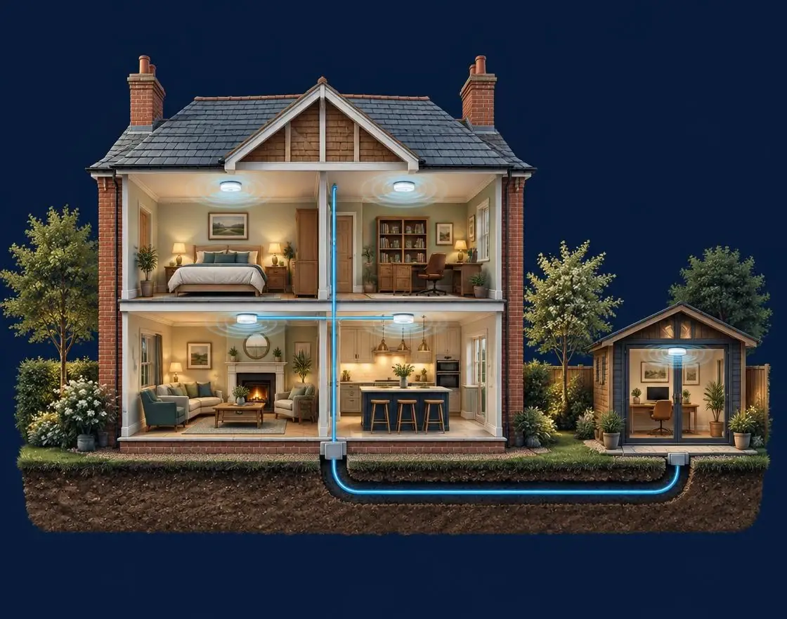 Cutaway illustration of a connected house with wireless access points and a cabled garden office